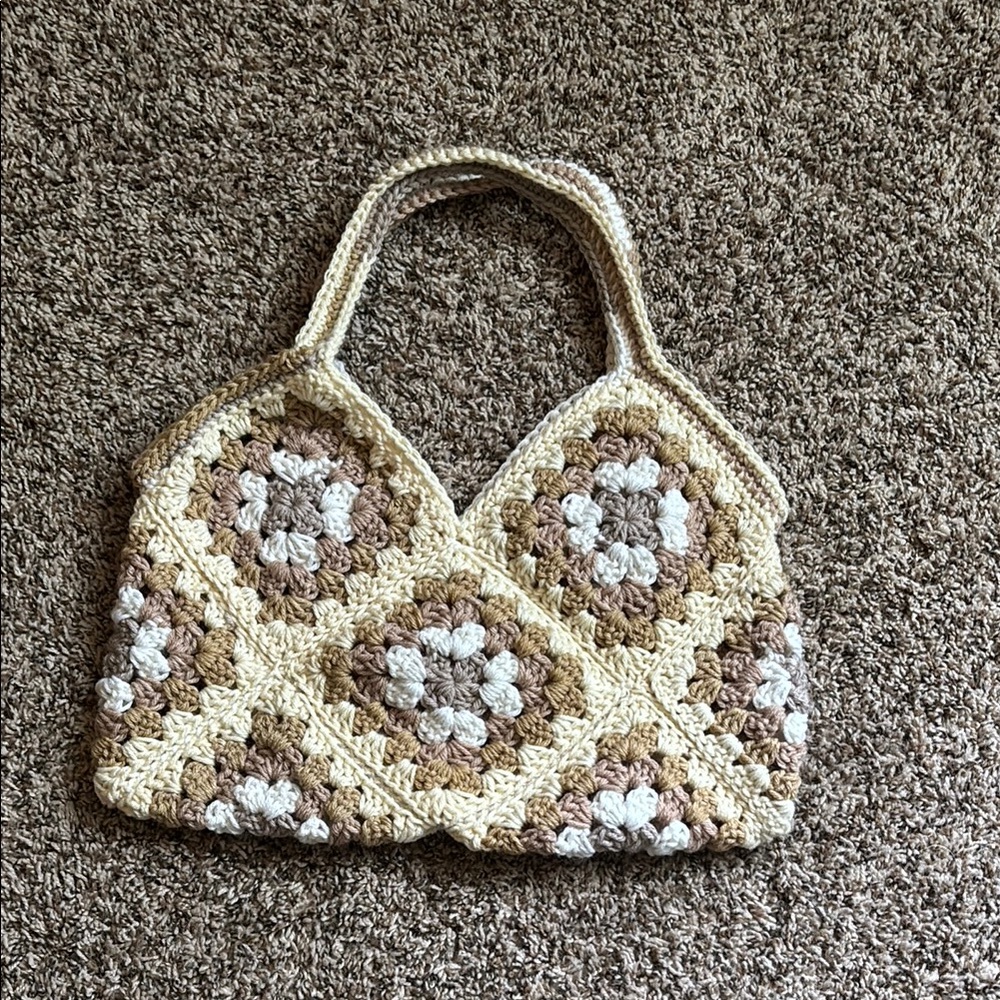 Handcrafted Crochet Tote Bag - Cream and Brown